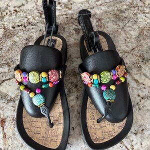 Black Jeweled T-Strap Sandals with Multicolor Beading